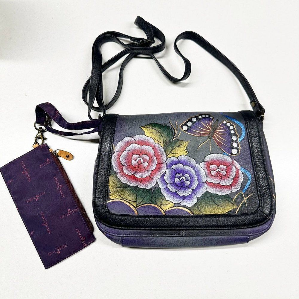 Anuschka Purple Black Floral Hand Painted Leather Crossbody Bag + Card Holder